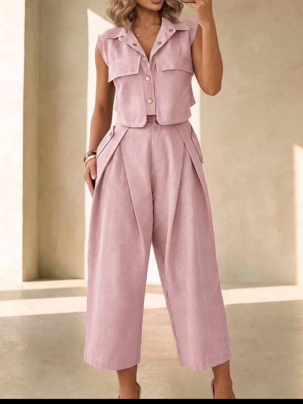 2 piece SET -Sleeveless Button collared shirt vest & Wide-Leg Pants light pink